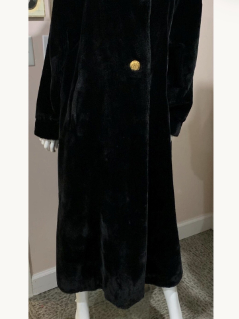 St. John Black Velvet Trench Coat with Gold Button Accent